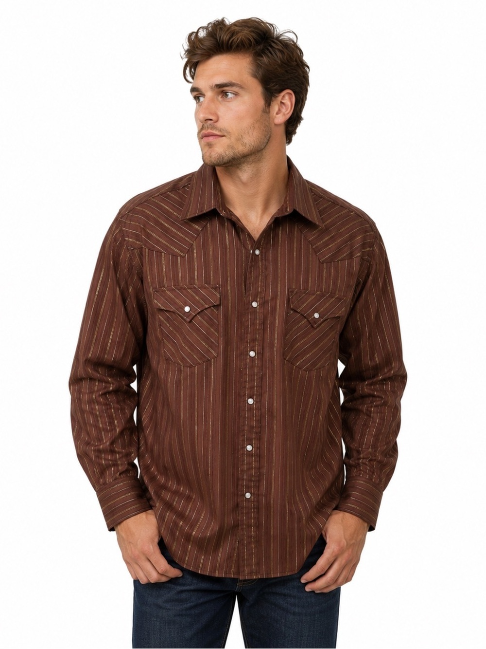 Western Brown Gold Shimmery Striped Shirt Pearl Snaps Rodeo Sz XL